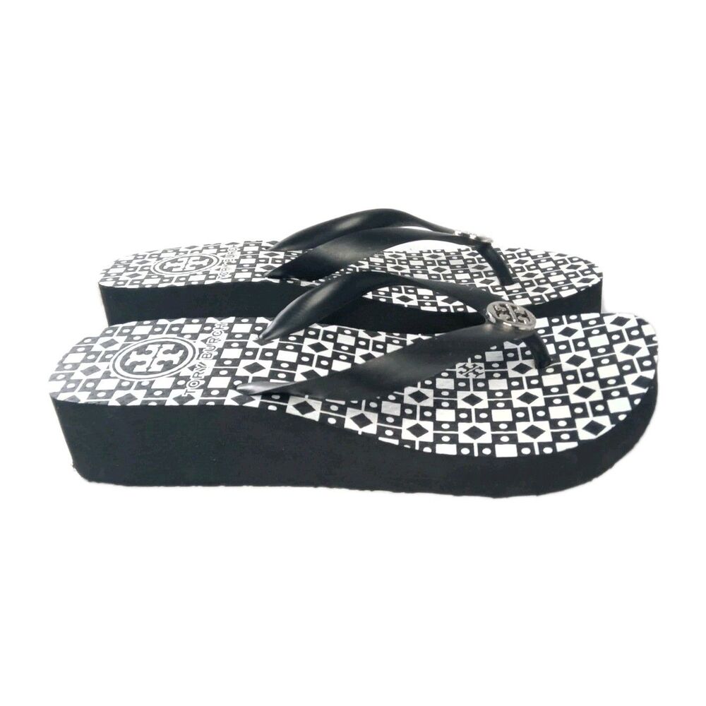 New Tory Burch Black and White Platform Flip Flop Sandals